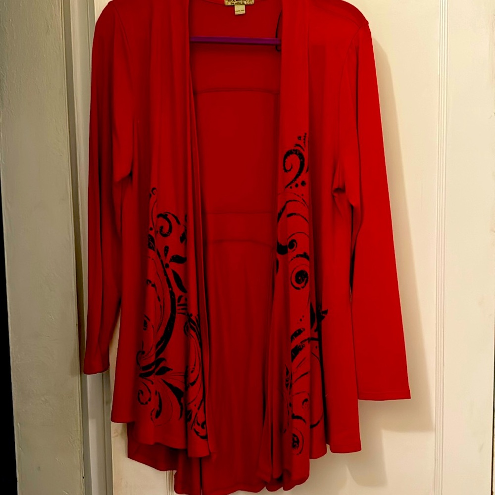 Red jacket with black detail.